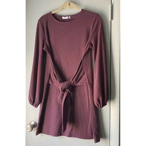 Vivimos Tunic Mini Dress Purple Tie Waist Lantern Sleeves Large